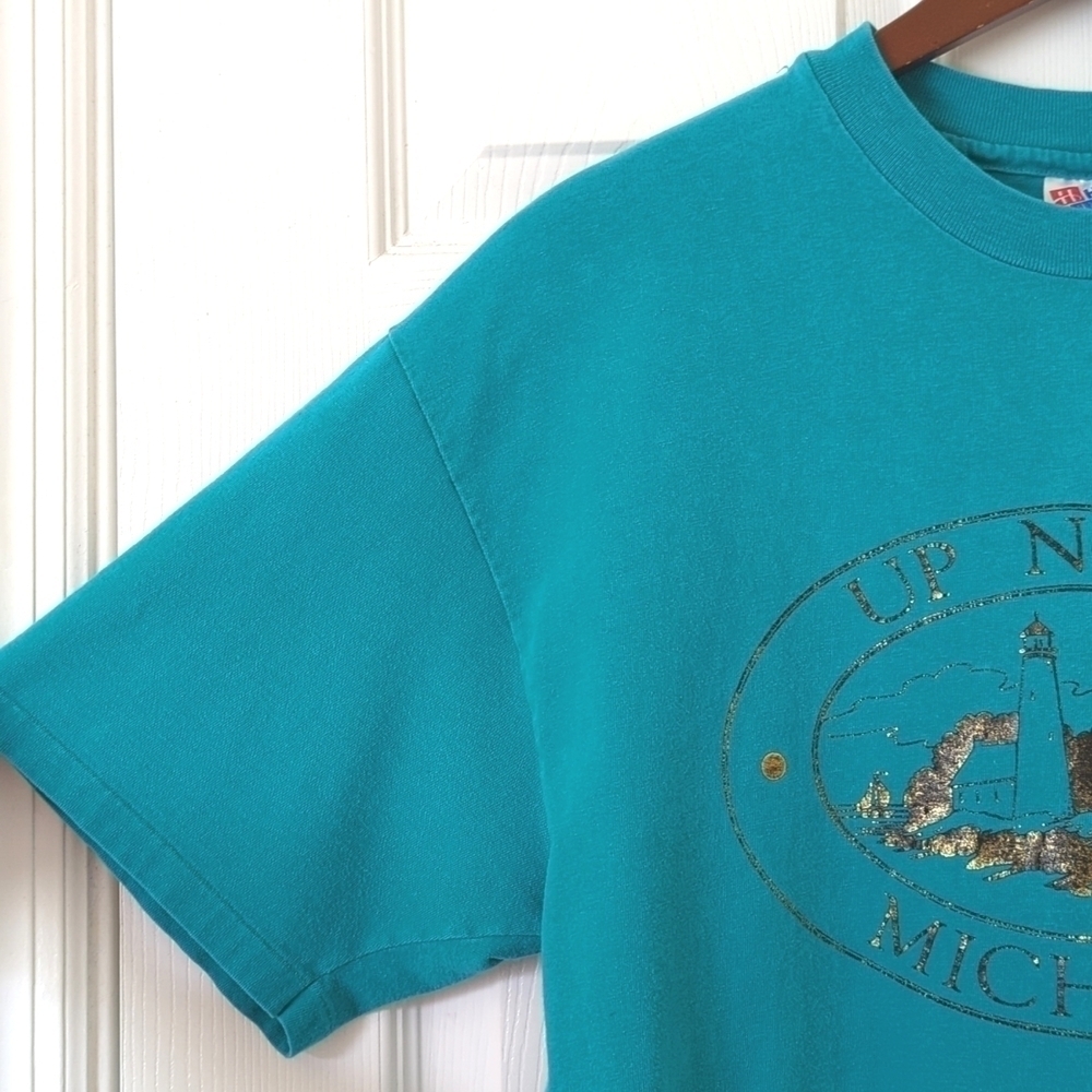 Hanes 90's Vintage Up North Michigan Graphic Short Sleeve Crewneck T-shirt Teal - Picture 4 of 9